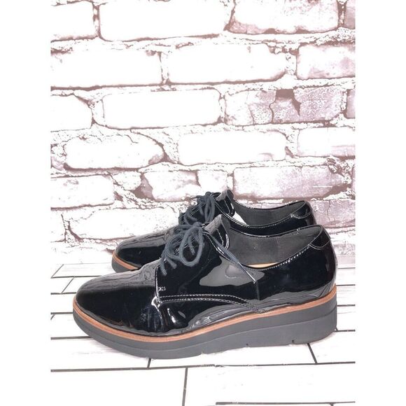 Clarks Unstructured Black Patent Leather Platform Lace Shoes Women Sz 8M US/39EU - Picture 1 of 16